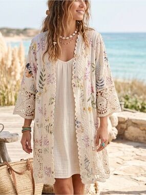 Solitaire Floral Embroidered Lace Kimono Kaftan Cover-Up